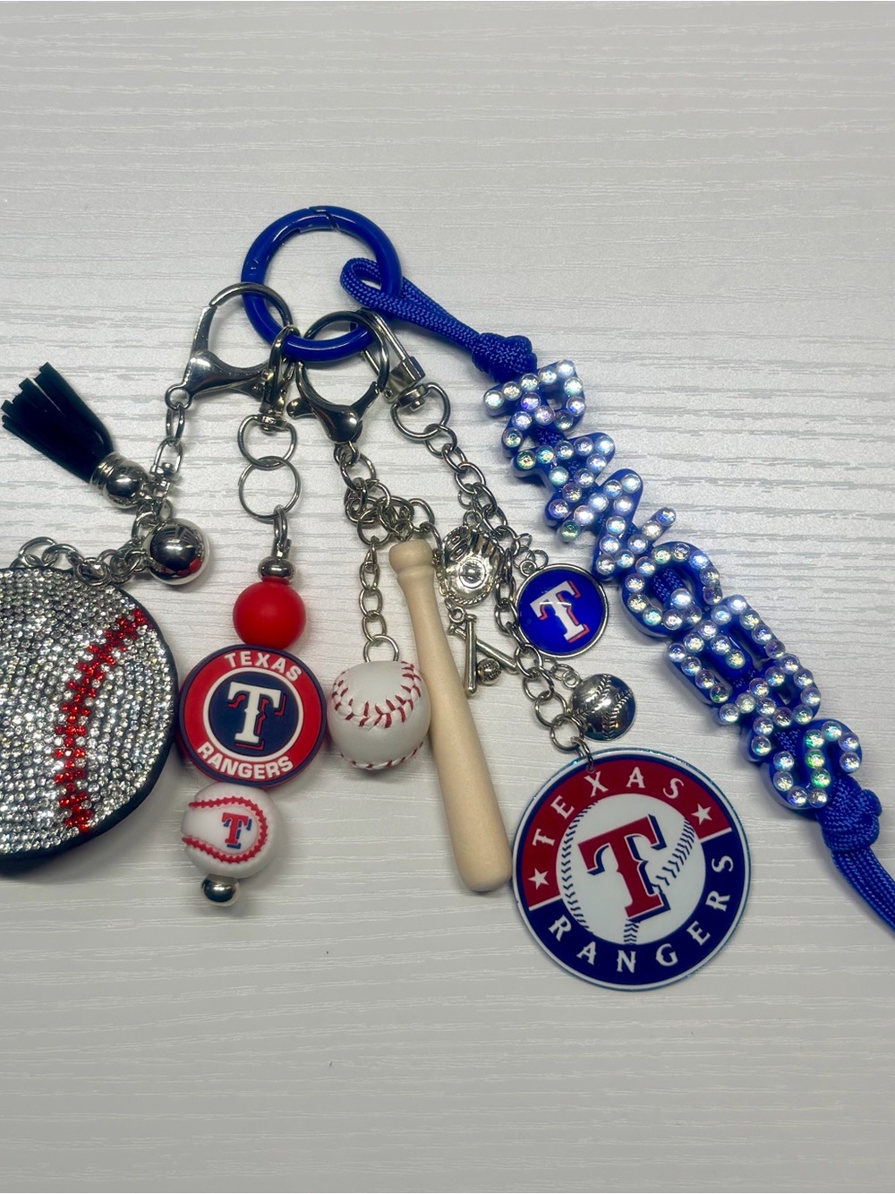 Texas Rangers Baseball Keychain Charm Set - Blue, Red, White